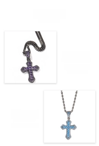 Hip hop cross pendants with blue and purple zircons on cuban and rope chains