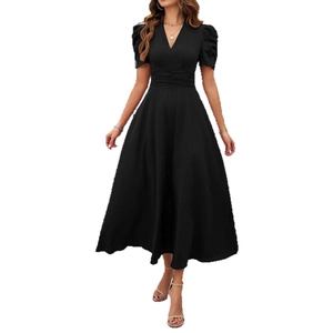 Elegant black V-neck A-line dress with puff sleeves and cinched waist for women