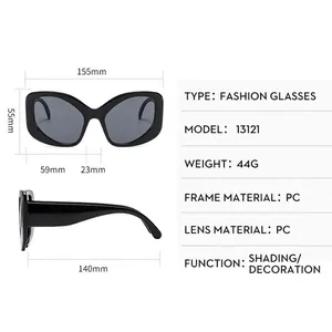 Detailed size chart for black cat-eye sunglasses featuring frame and lens dimensions