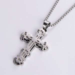 Polished silver multilayered stainless steel cross pendant necklace with box chain