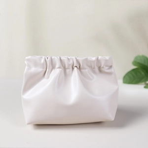 Minimalist beige PU leather small organizer pouch with drawstring closure for cosmetics