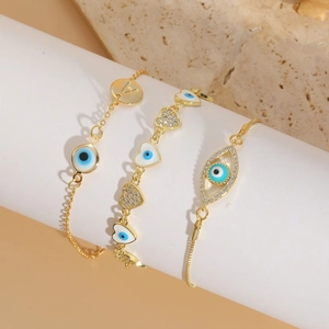 14K Gold Plated Copper Evil Eye Bracelet For Women Zirconia Heart Enamel Letter Pendant Adjustable Chain Bracelet Fashion Jewelry