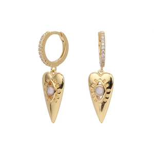 Close-up of golden heart earrings with opal inlay and white zircon details on white background