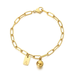 Bracelet chaîne trombone en acier inoxydable doré avec pendentif carré lettre A