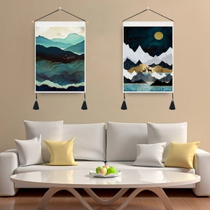 Detail of Nordic style hanging scroll paintings with abstract mountain and moon landscapes