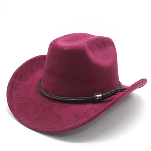 Detail of burgundy suede cowboy hat with braided leather band and metal buckle