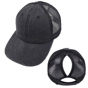 Black washed cotton ponytail baseball cap with distressed brim and mesh back details