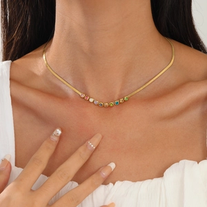 18K gold plated stainless steel snake chain necklace with colorful round zircon stones