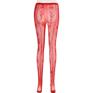 Détail de la dentelle florale rouge et texture résille de ce legging ajusté