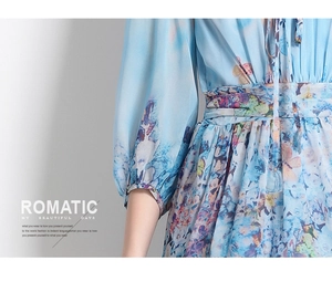 Detailed close-up of blue floral chiffon dress showing waist pleats and lantern sleeves