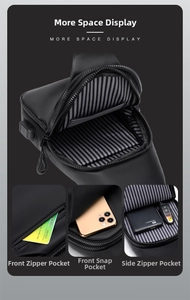 Details zur wasserfesten Oxford-Brusttasche mit USB-Port und mehreren Fächern