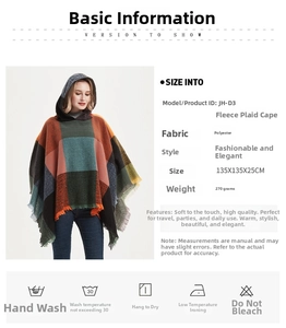 Detailed specs of hooded plaid poncho with fringe tassels in orange and teal polyester