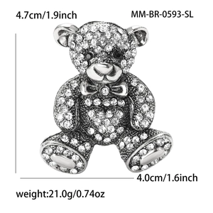 Silver alloy teddy bear brooch with rhinestones for suits, size 4.7cm by 4.0cm