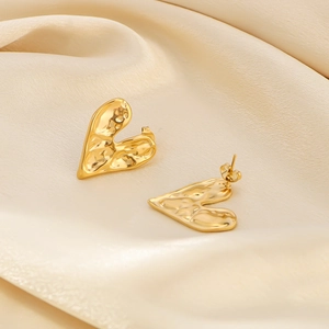 Heart Stud Earrings 18K Gold Plated Stainless Steel Hammered Texture Geometric Elegant Jewelry For Women