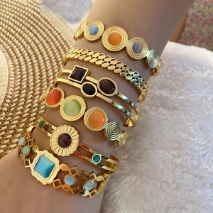Vintage Stainless Steel Bangle For Women Gold Plated With Colorful Synthetic Cat Eye Stone Bohemian Geometric Hinged Cuff