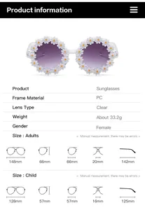 Detailed size chart for daisy flower sunglasses showing dimensions for adults and children