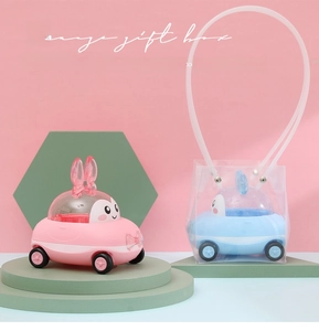 Pink and blue rabbit-shaped toy car gift boxes with wheels and transparent gift bags