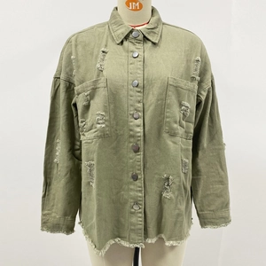Detail of olive green denim jacket featuring distressed rips and raw fringe hemline