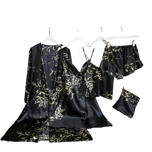 Ensemble pyjama 5 pièces en satin pour femme avec robe, camisole, short et sac à fleurs