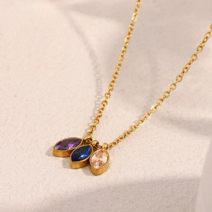 18K gold plated stainless steel necklace featuring three colorful marquise cut zircons