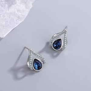 Water drop blue crystal stud earrings with zircon accents and silver finish for women