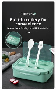 Detail of microwaveable lunch box with top cutlery compartment and PP5 material