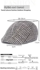 Detail showing grey plaid newsboy cap dimensions, cotton blend material and size specs