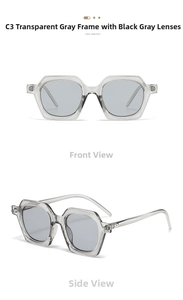 Front and side views of transparent grey polygon sunglasses with dark lenses
