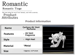Detail view of rhinestone high heel car vent clip with white flower decoration on metal