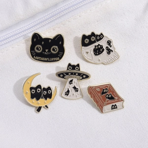 5pcs cartoon cat enamel pin set featuring moon, UFO, and book designs for clothing
