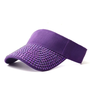 Detailed view of shimmering purple rhinestones on a stylish open-top sun visor hat