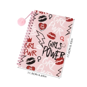 Pink spiral notebook with Girls Power slogan and plush ball charm, size 17.6x11.9cm