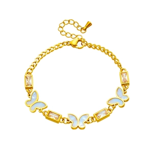 Elegant gold titanium bracelet with white butterfly charms and cubic zirconia accents