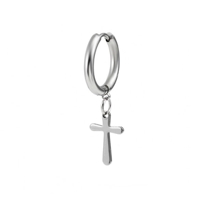 Polished silver stainless steel hoop earring featuring a dangling cross charm detail