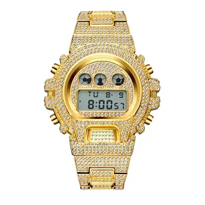 Montre Digitale de Luxe Iced Out pour Homme en Alliage Strass Complet Hip Hop Mode Étanche Affichage LED Bijoux Montre-Bracelet
