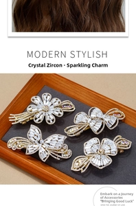 Detail of four crystal zircon hair clips featuring floral and ribbon designs in gold finish