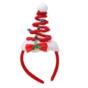 LED Christmas headband with red spring hat, colorful bells, and white feather trim