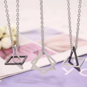 Geometric titanium steel necklaces featuring triangle and square pendants in silver and black