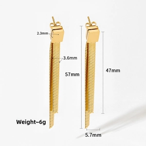 Detailed view showing dimensions and weight of long gold snake chain tassel earrings