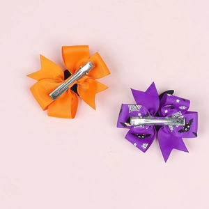 Halloween pumpkin and witch bow hair clips set for girls with bat and spider web patterns