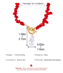 Detail of bohemian stone necklace with baroque pearl charm and 46cm size measurements