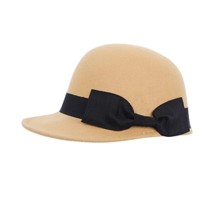 Vintage camel wool cloche hat for women featuring an elegant black ribbon bow detail
