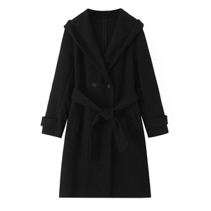 Classic black double-breasted hooded wool coat with matching waist belt for autumn