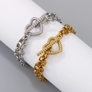 Titanium steel chain bracelet with OT buckle and double heart knot in gold and silver