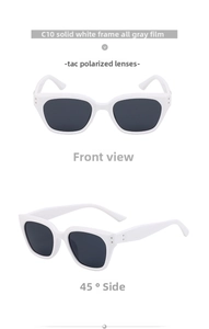 Detail view of white frame polarized sunglasses with TAC lenses from front and side angles