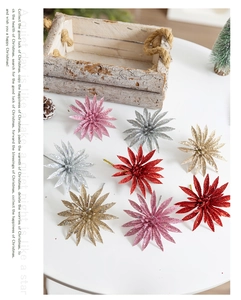 Macro detail of glitter artificial Christmas flowers in gold silver red and pink colors