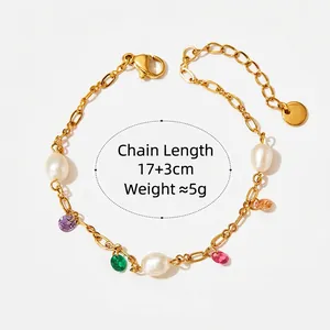 Elegant gold stainless steel bracelet with white pearls and five colorful faceted gemstones