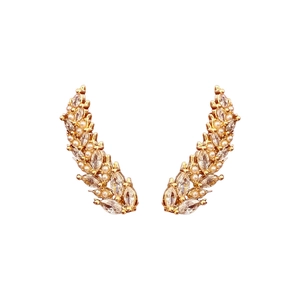 Elegant gold leaf earrings with sparkling marquise zircons and pearls on white background