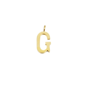 Close-up of golden stainless steel letter G charm with polished mirror finish for DIY jewelry