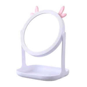 White desktop makeup mirror with cute pink deer antlers and storage base tray